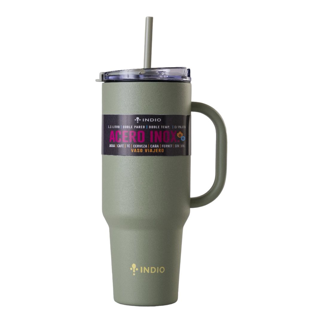 VASO TERMICO INDIO ACERO INOX VIAJERO VERDE OLIVO C/ MANIJA Y PAJITA 1,1L