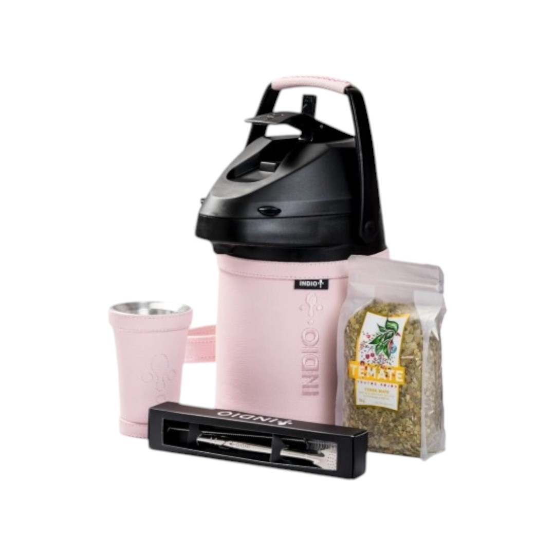 TERMO INDIO AC. INOX 2.5 LTS. CUERO PREMIUN ROSA PASTEL + GUAMPA + BOMBILLA